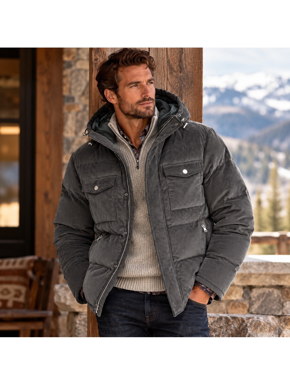 Robert Graham Stormy Corduroy Puffer Jacket Men L Gray Hooded NWT $388